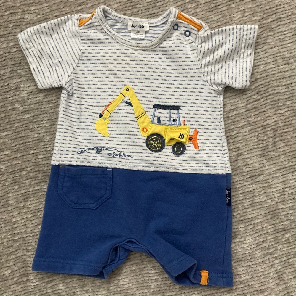 Le Top Construction Romper‎ 6M Excavator Stripe Blue Yellow Cotton Outfit